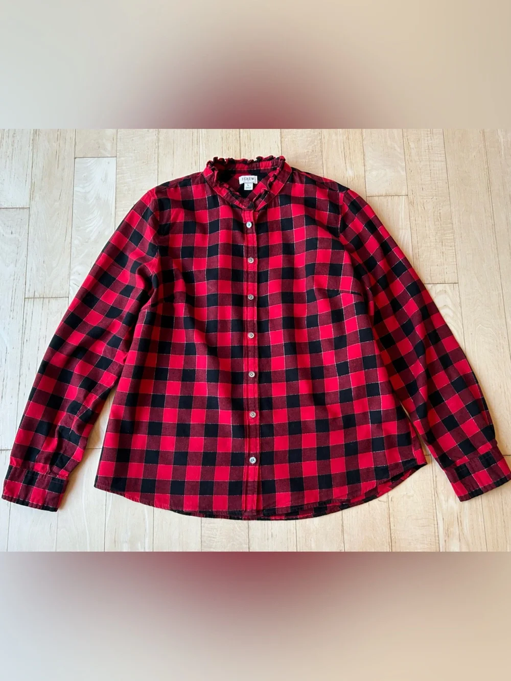 J. Crew Women’s Button Front Flannel Top with Ruffled Collar Red/Black Large